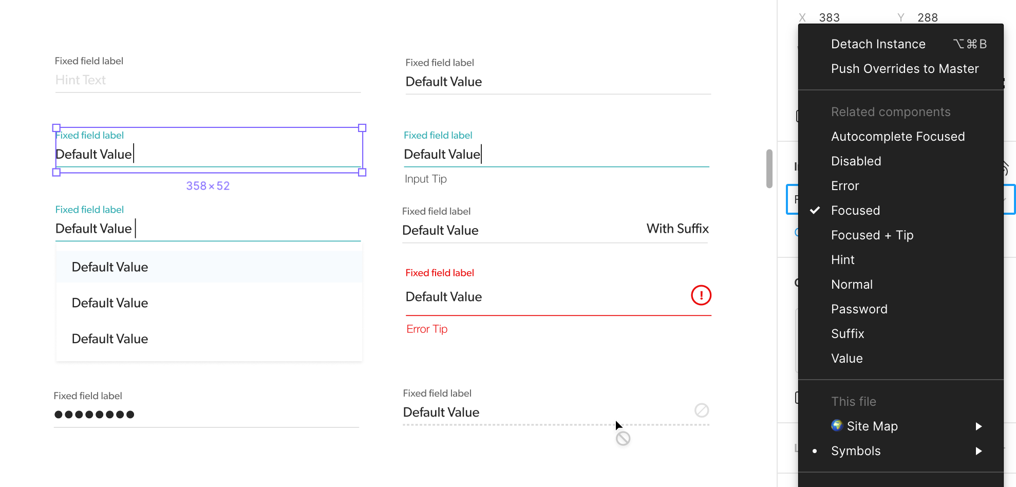 cms design system showing the set up of input fields